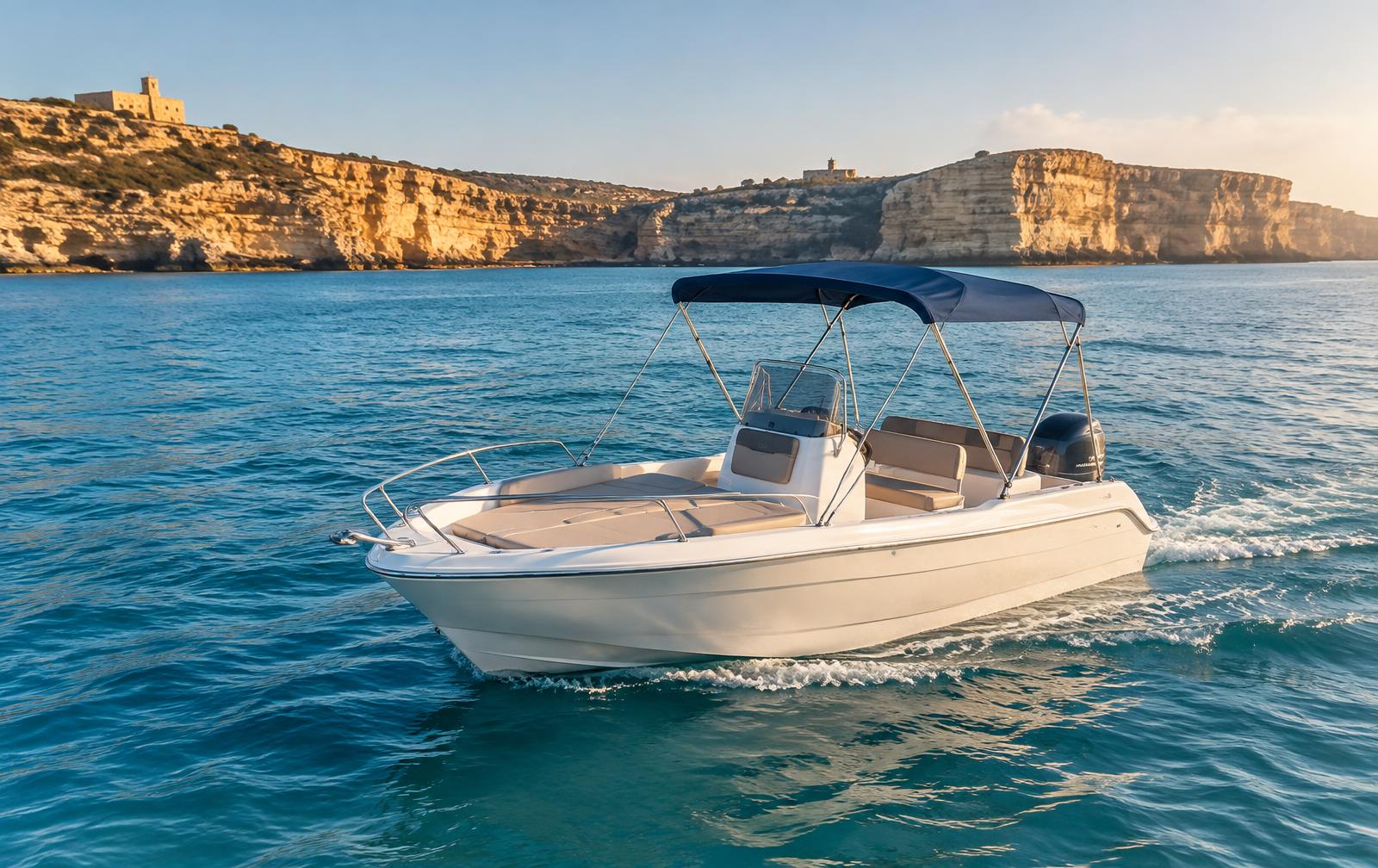 The Boston Whaler Super Sport 17ft charter boat gliding over turquoise water off a limestone coast