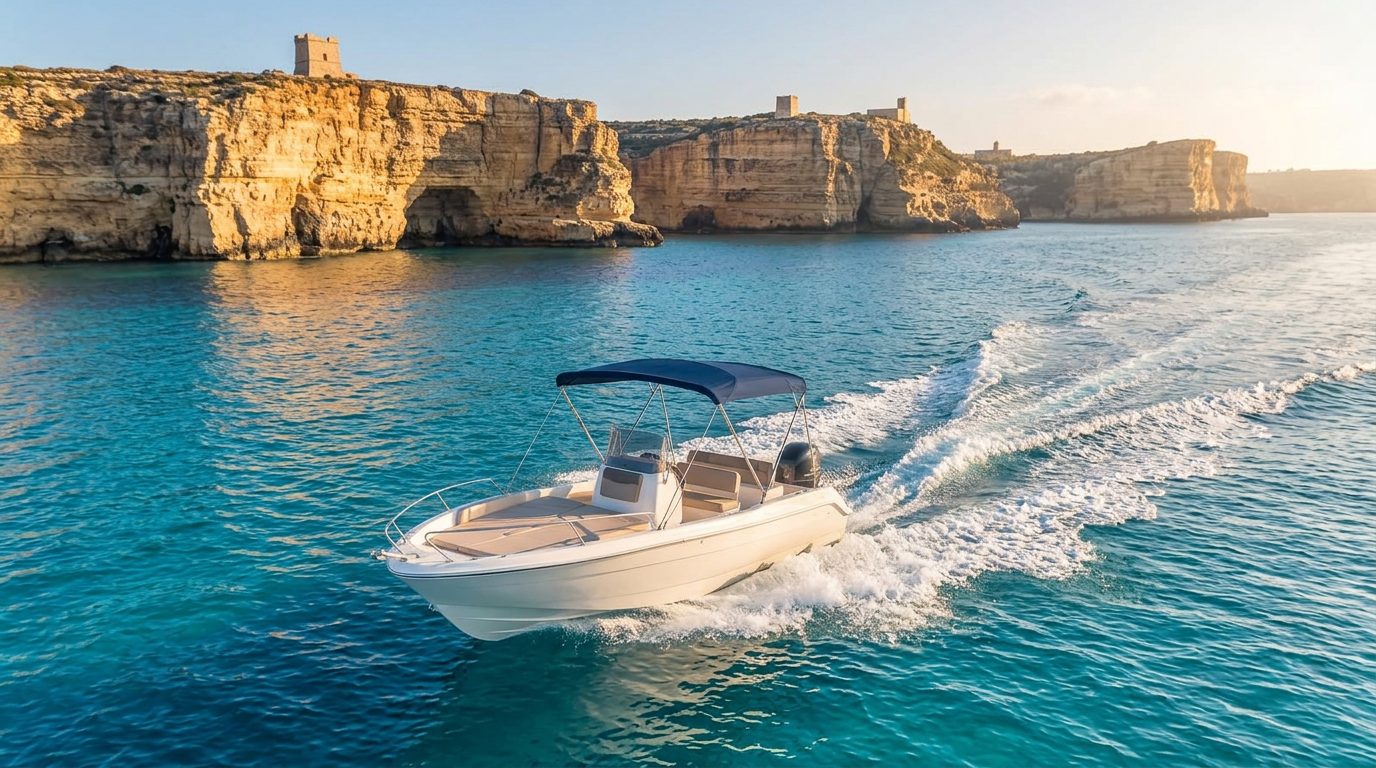 The Boston Whaler Super Sport 17ft charter boat with its navy canopy cruising through turquoise water off the Maltese cliffs